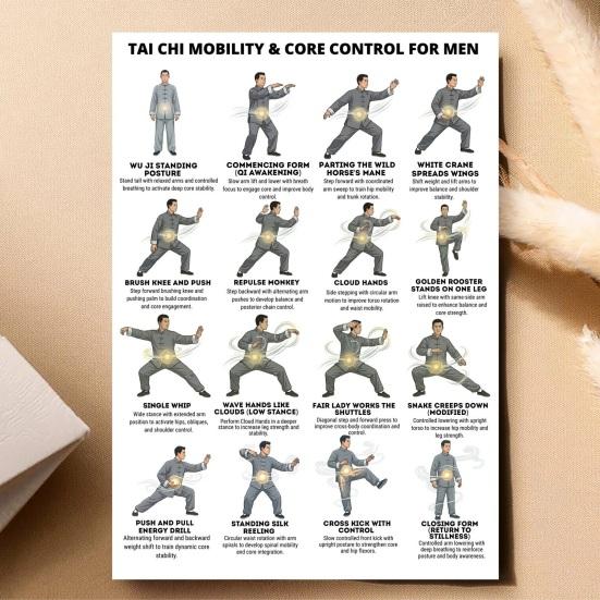 3Pcs Men Tai Chi Training Plan Guide for Posture Correction And Pain Relief Core Strength Flexibility Muscle Endurance Poster No Impact Exercise for