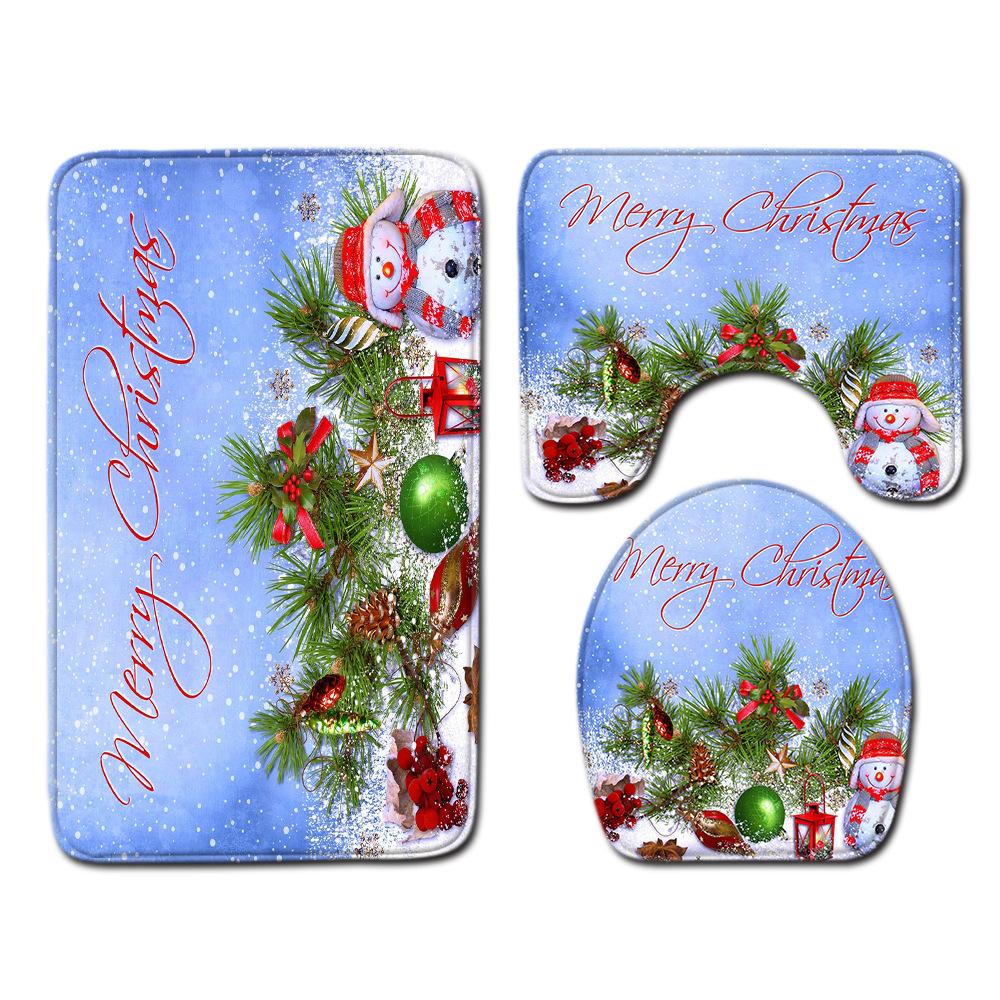 Christmas Shower Curtain Floor Mat Combination Four-Piece Set Bathroom Toilet Carpet Shower Room Mat Foot Mat