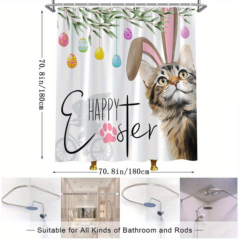 Easter Cat Eggs Shower Curtain Whimsical Tabby Bunny Ears Design Polyester Bath Decor With 12 Hooks Funny Easter Decor