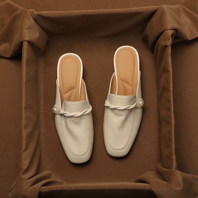 Fashion French Style Slimming Soft Leather Mule Sandals Women Mid Heel Chunky Heel Summer Slip On Shoes