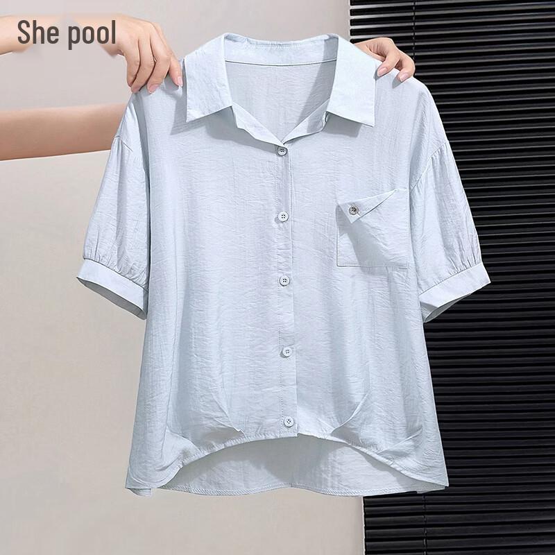 

Women s Solid Lapel Loose Short Sleeve Shirt One Size