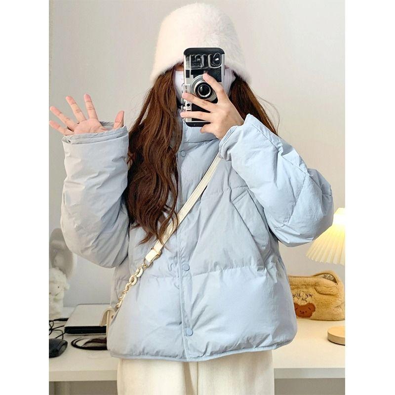

Winter Short Puffer Jacket Women Korean Style Slim Fit Cotton Coat Warm Down Alternative Outwear M синій