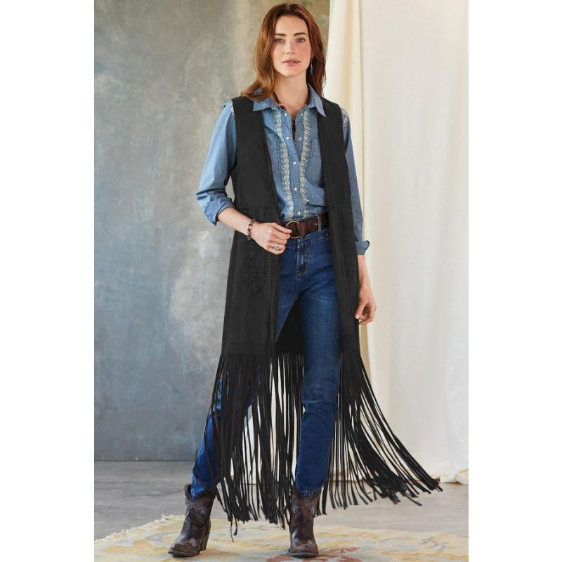 

Модные жилеты с кисточками, куртки и пальто, женская однотонная приталенная длинная куртка без рукавов XXL