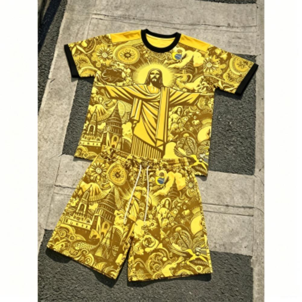 Fashion JESUS Printing Outdoor Street Men's T-shirt and Shorts 2 Piece Set Summer Casual Outfit Men's and Women's Sports Set