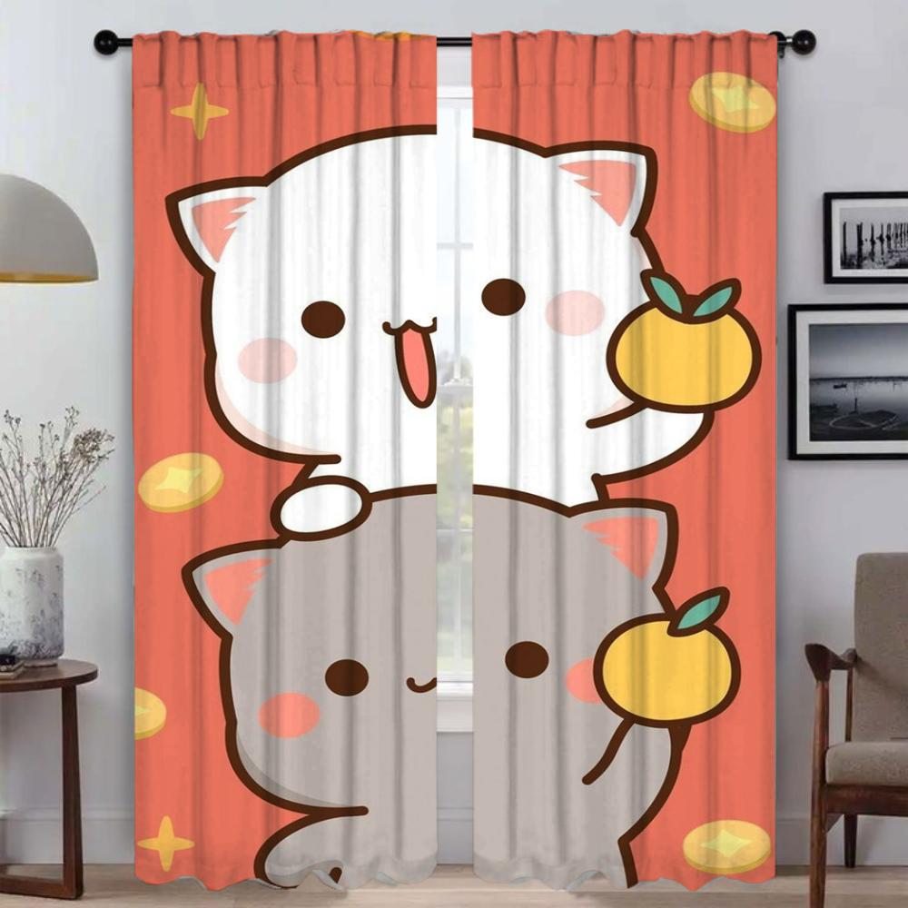 Zasłony Kuchenne 2 Sztuki Brzoskwiniowy Kot Mochi Zasłona do Salonu Tiul do Sypialni Dekoracja Halloween Zasłony do Wnętrza Domu
