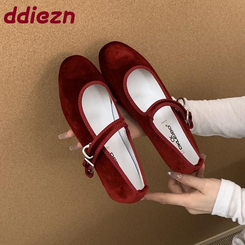 Fashion Soft Fashion Flock Women Flats Mary Janes Lolita Shoes Round Toe Female Buckle Strap Footwear Shallow Ladies Ballet Flats Shoes