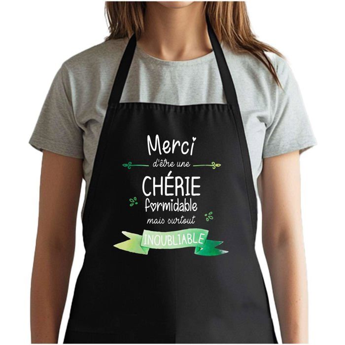 Tablier de cuisine - Merci Chérie Inoubliable Femme - Noir - Impression bretonne - Coton résistant