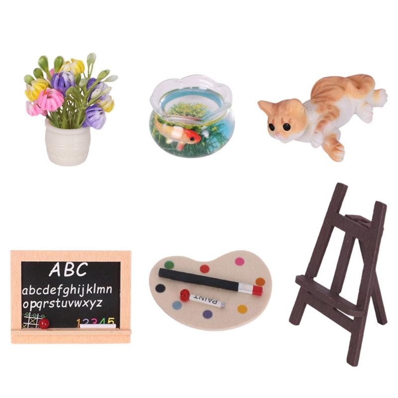 

6Pieces Miniature Accessories with Detailed FishTank Easel and Cats Model Figurine for 1/12 Doll House Scene Enhancement жёлтый