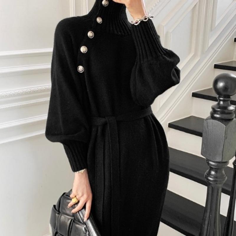 Autumn and winter clothing retro sweater skirt women's loose and thin high neck over the knee two wear lace-up waist knitted dress