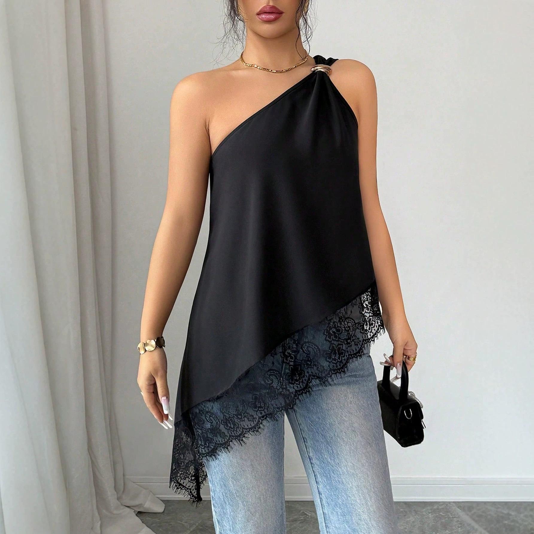 Summer New Style Off-the-shoulder Metal-buttoned Lace-embroidered Irregular Loose-fitting Top for Women S чёрный