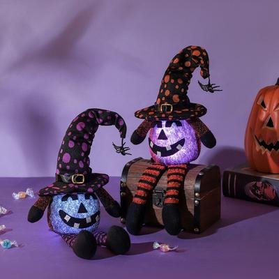 Decorazione di Halloween Cappello da Mago Ragno Zucca Luminosa Faccia Luce Decorazione (Batteria a bottone integrata) Arancione + Viola