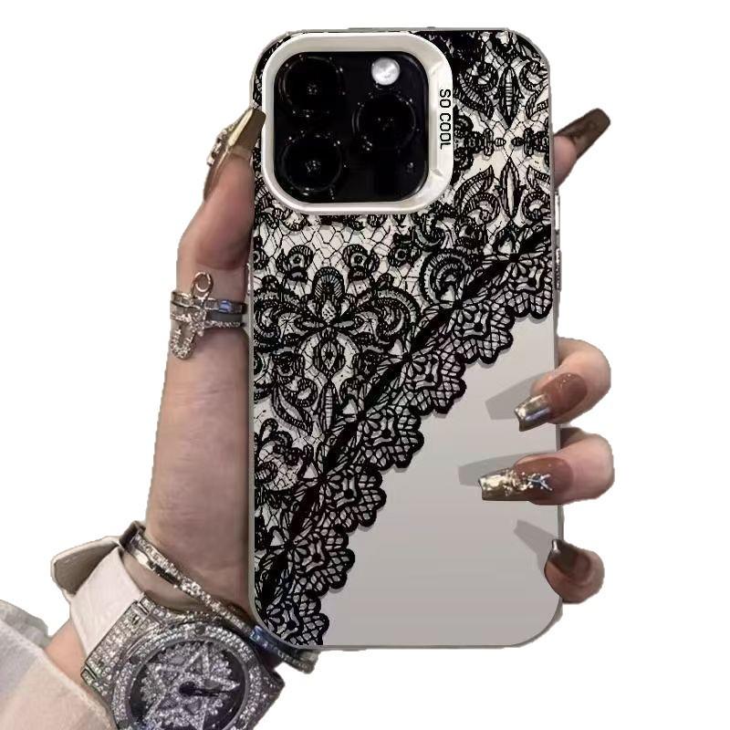 Cross Black Lace Silver Phone Case for Apple 17/16/15 Pro, 14 Pro Max, 13/12 Luxury Series
