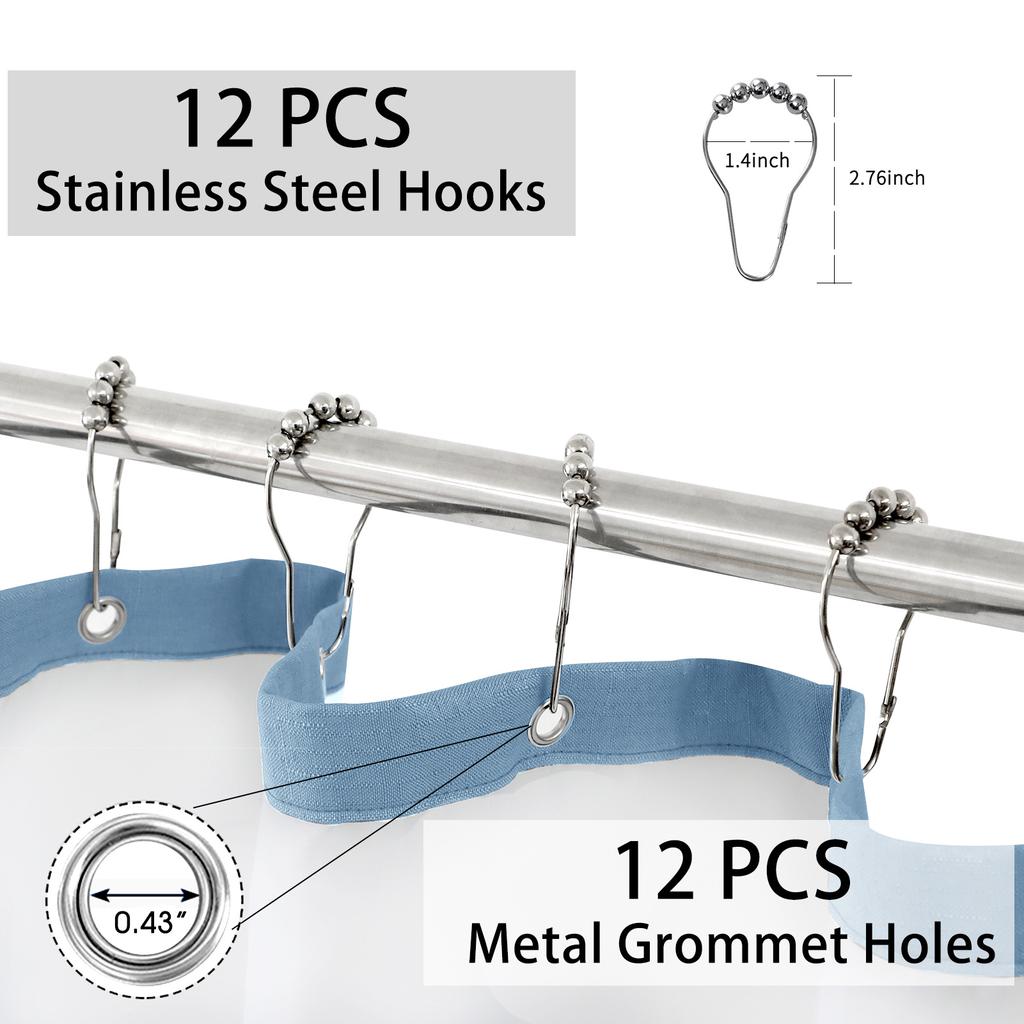 Double Layer Shower Curtain Waterproof Linen Bath Curtain Liner for Bathroom Bathtub Bathing Cover with Silver Metal Hooks