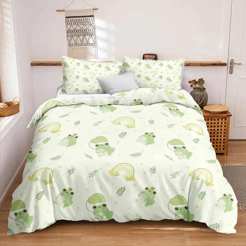Animal Frogs Duvet Cover Set King Queen Size Green Lovely Cartoon Frog Bedding Set Boys Toad 2/3pcs Polyester Comforter Cover