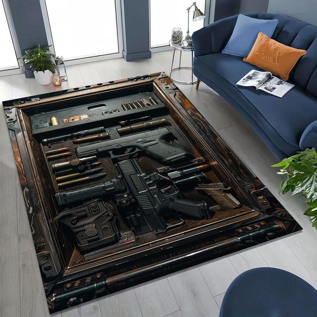 Holz Metall Waffenkoffer Boxx Militärausrüstung Moto Teppich für Schlafzimmer Wohnzimmer Sofa Zuhause Fußmatte Dekor, Kinder Spiel Rutschfeste Bodenmatte