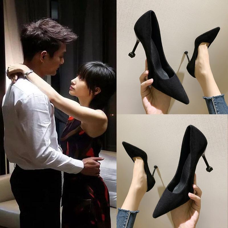 Suede stiletto pointed high heels summer 2025 new black light mouth single shoes professional not tired feet work shoes