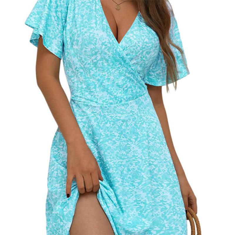 Womens Sundress Summer Floral Short Sleeve Wrap V Neck A-Line Midi Dress