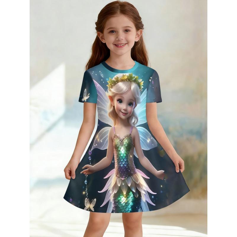 Girl Rainbow Unicorn Printed T-shirt Dress Soft Sky Cloud Casual Dress for Children's Party Clothing Suitable for Birthday Gifts