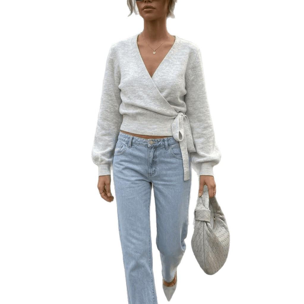 Womens V-Neck Tie-Up Irregular Knit Top - Perfect Spring/Autumn Layer