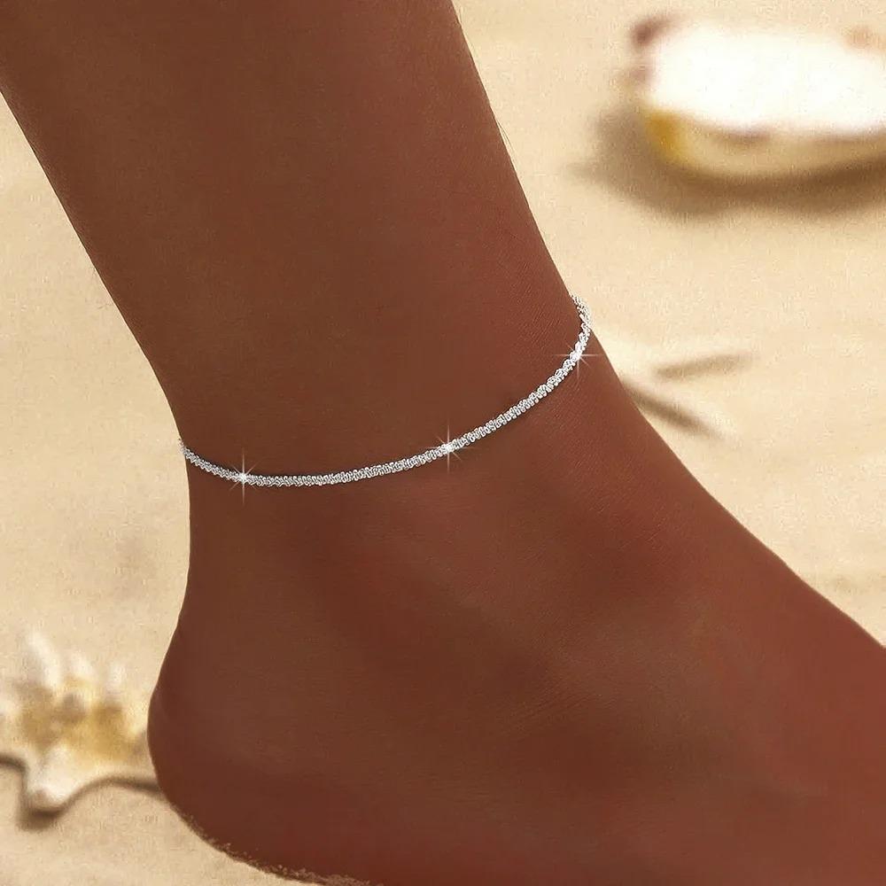 1/2Pcs Shiny Sparkling Simple Silver Color Anklet For Women Simple Elegant Copper Jewelry Female Beach Ankle Bracelet On Foot