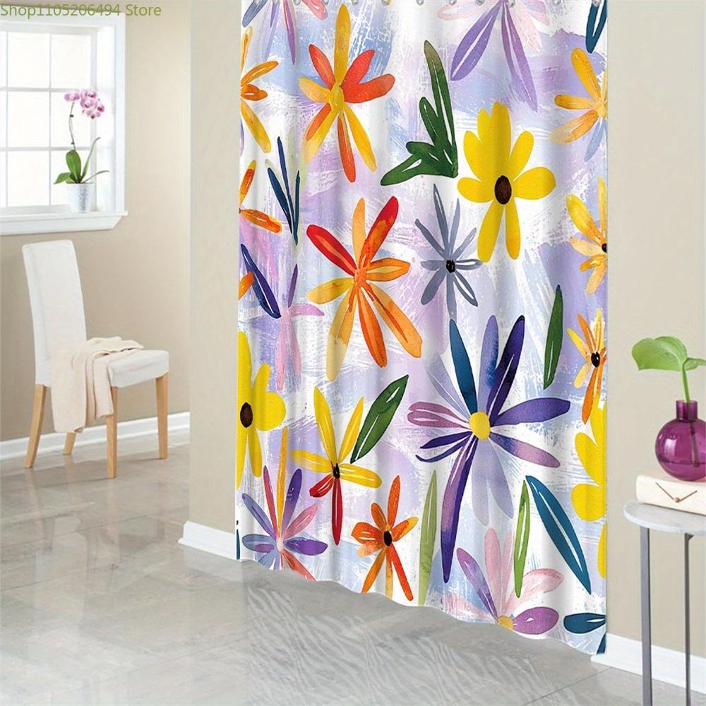 1pc Playful Abstract Floral Watercolor Shower Curtain, Pale Purple and White with Bright Yellow, Orange, Red, Purple, and Gree