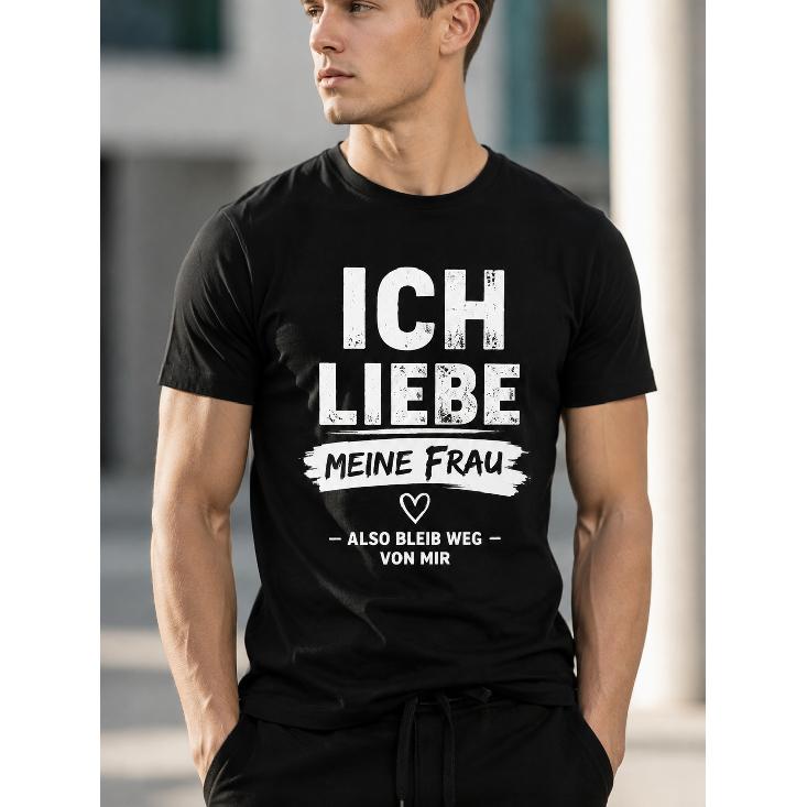 men's black cotton t-shirt with german love quote graphic, crew neck short sleeve relaxed fit casual wear for daily outings or couple moments