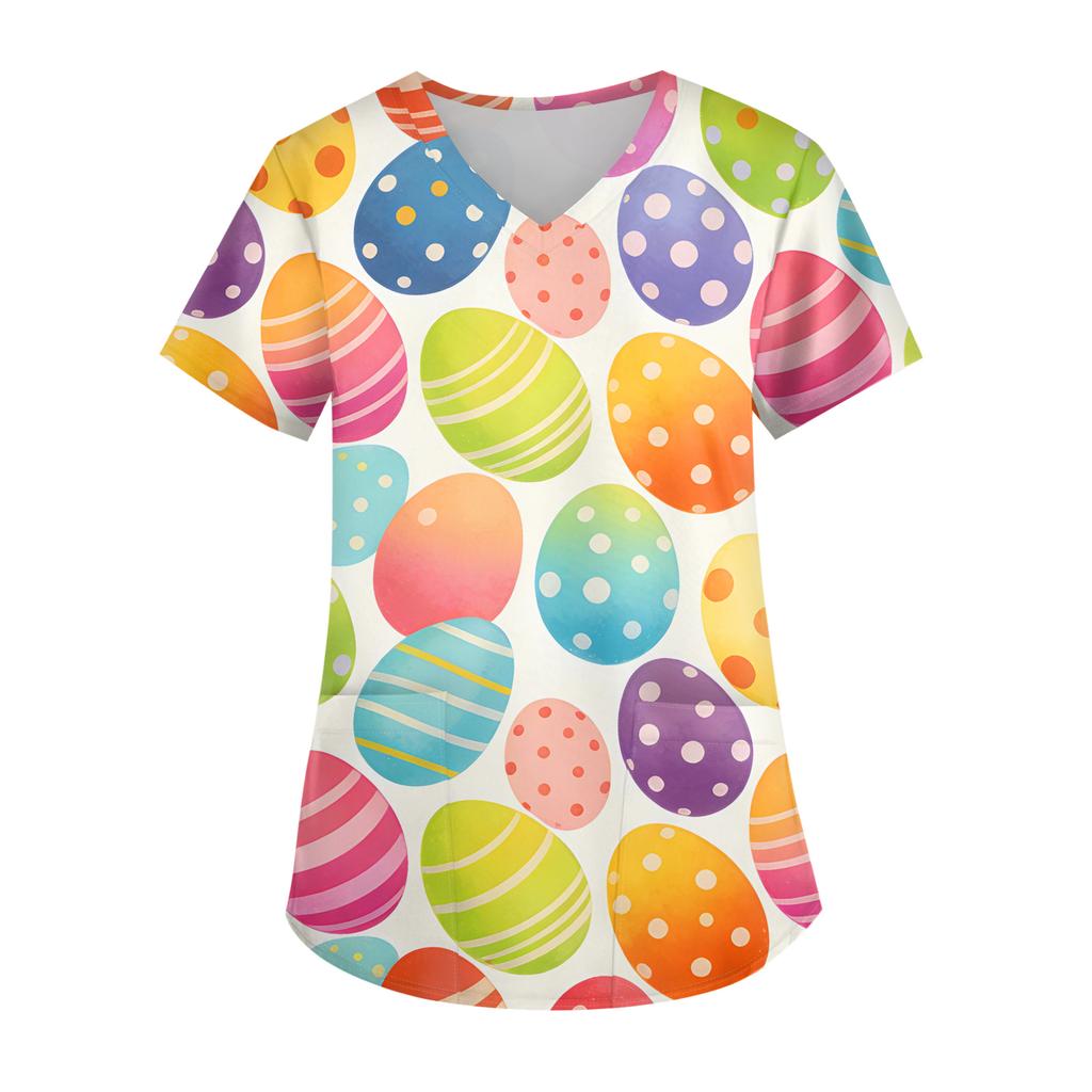 Ladies' Easter printed fashionable V-neck pocket short sleeved uniform and caregiver top