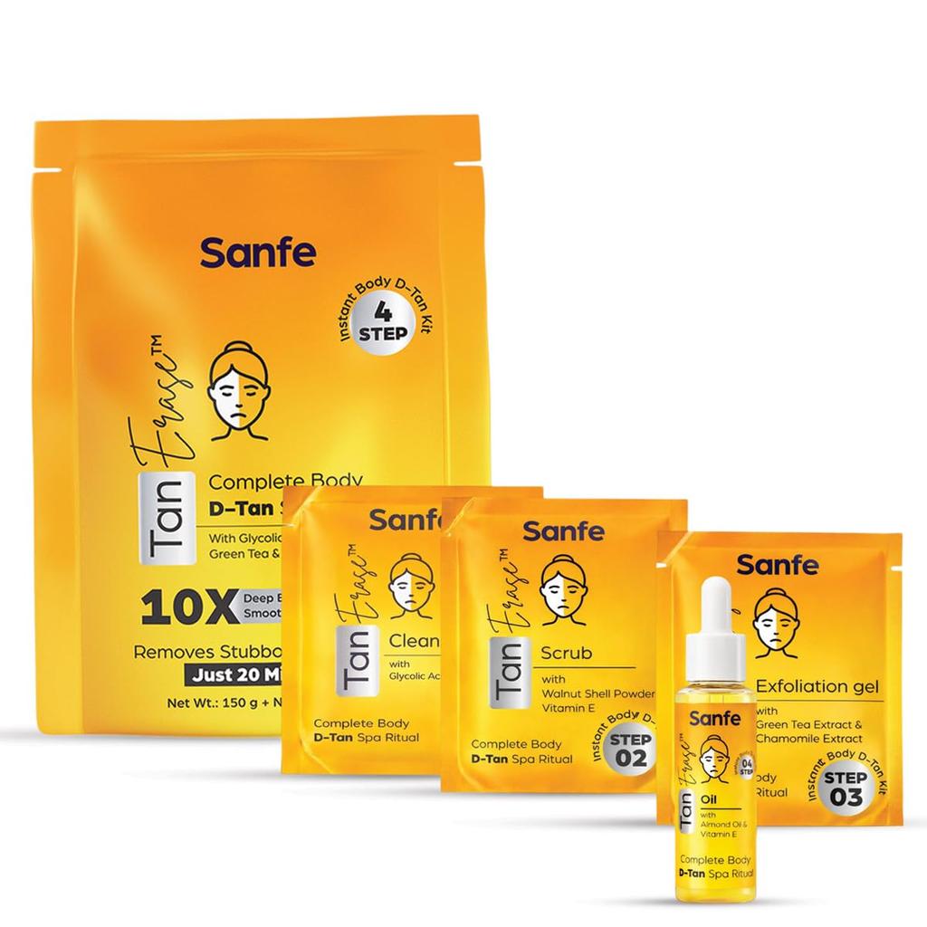 Sanfe Tan Erase Complete Body D-Tan Kit | 150gm + 50ml | 4-Step Body D-Tan Spa Ritual | Removes Stubborn Sun Tan in 20 Minutes | With Glycolic Acid