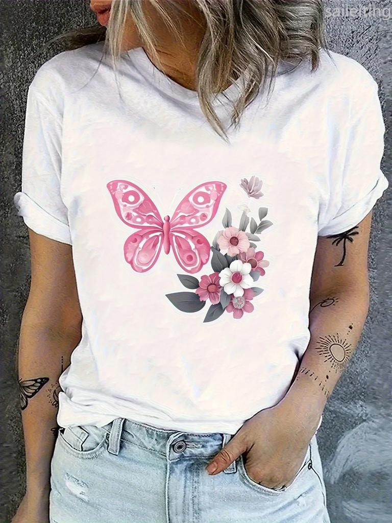 Pink Butterfly and Floral Pattern T-Shirt Casual Fit Harajuku Sleeves Casual Women's Street Aesthetic Clothing Graphic T Shirts