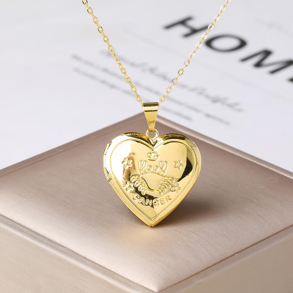 12 Zodiac Signs Openable Photo Frame Heart Locket Necklace for Women Gold Plated Astrology Horoscope Photo Pendant Jewelry Gift