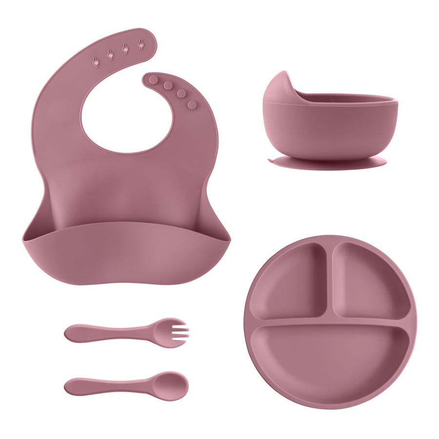 5-piece Baby Silicone Feeding Set, Round Dinner Plate Suction Cup Bowl, Children's Waterproof Bib, Children's Tableware Straw Cup