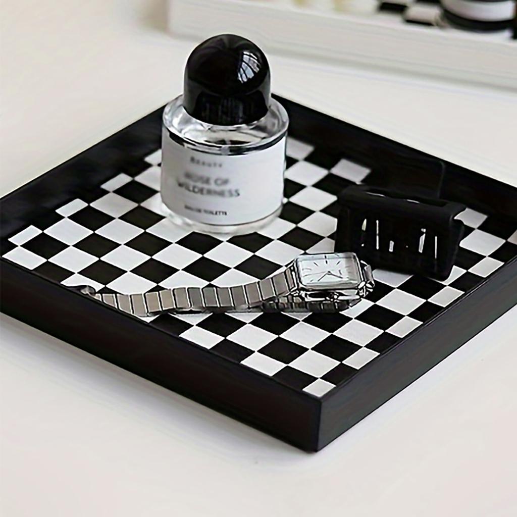 1pc-Desktop Storage Tray, Medieval Black and White Checkerboard Entrance Jewelry, Square Ornament