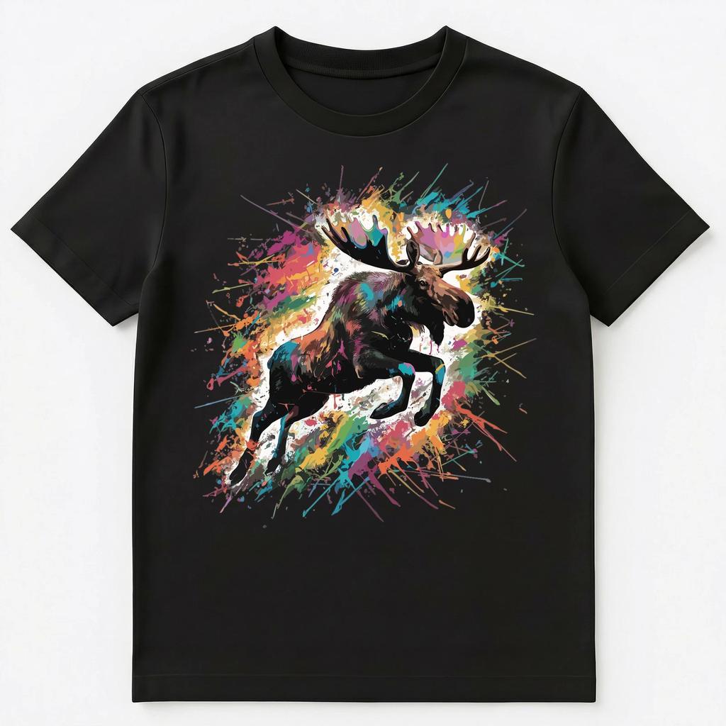 Colorful Paint Splash Leaping Moose Art Graphic Unisex T-Shirt