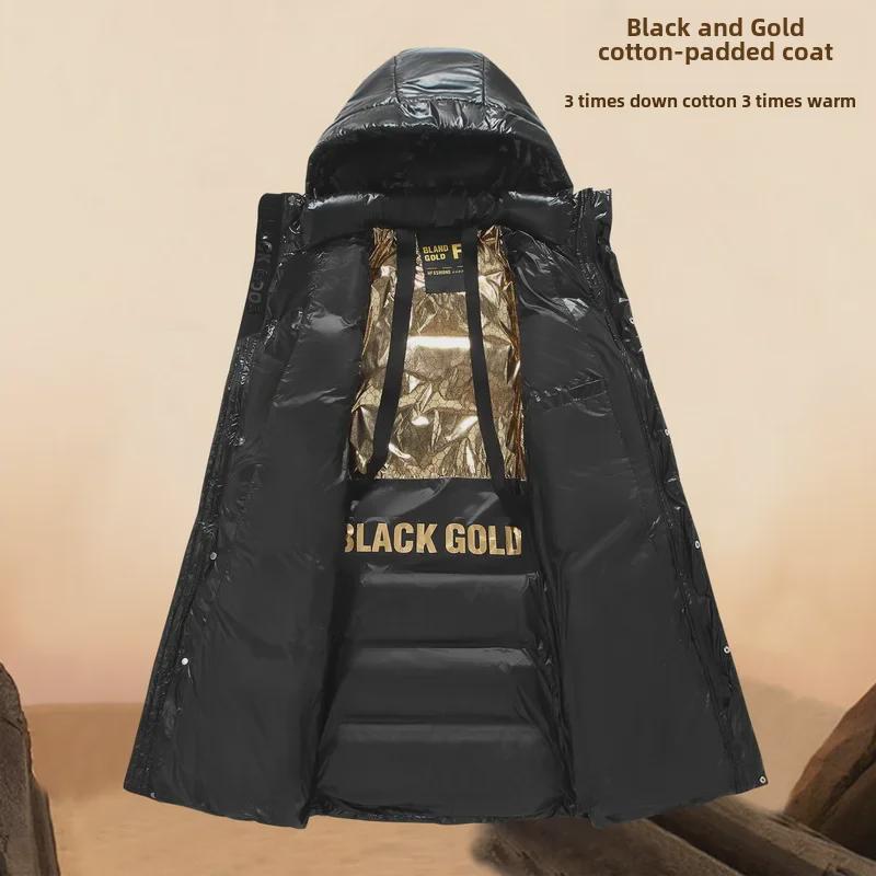 2023 Black & Gold Hooded Long Down Cotton Jacket for Men - Winter Thickened Coat for Young & Middle-Aged Couples