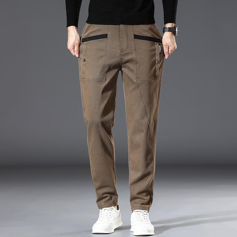 

Весна и осень Новые четыре кармана эластичный пояс мужские повседневные брюки универсальные модные прямые брюки-труба трендовые большие карманы свободные брюки 38 хаки