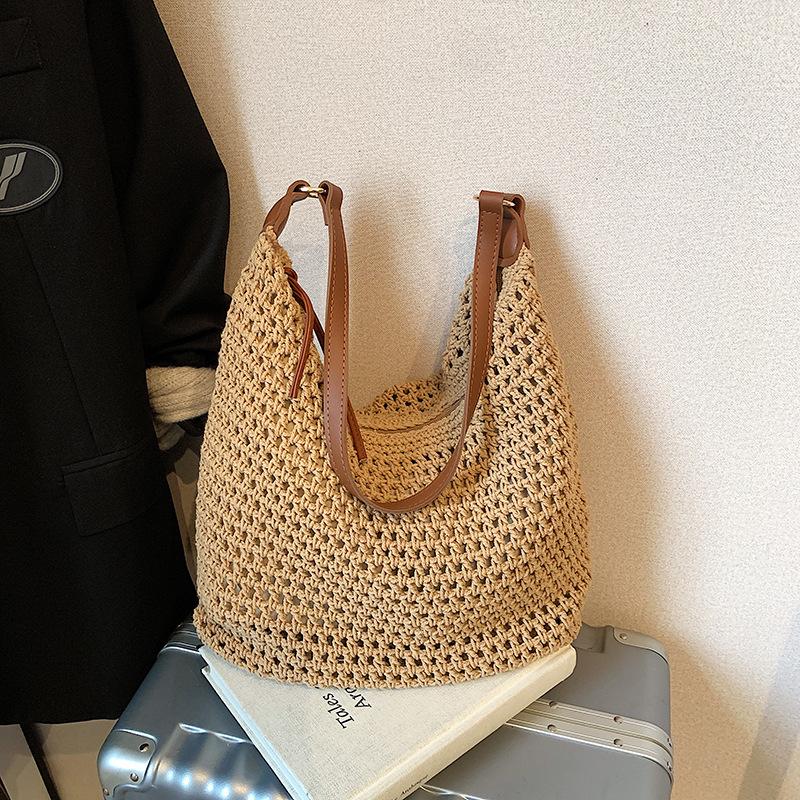 Hollow Woven Bag Women's Summer New Seaside Vacation Beach Bag Large Capacity Shoulder Messenger Tote Bag