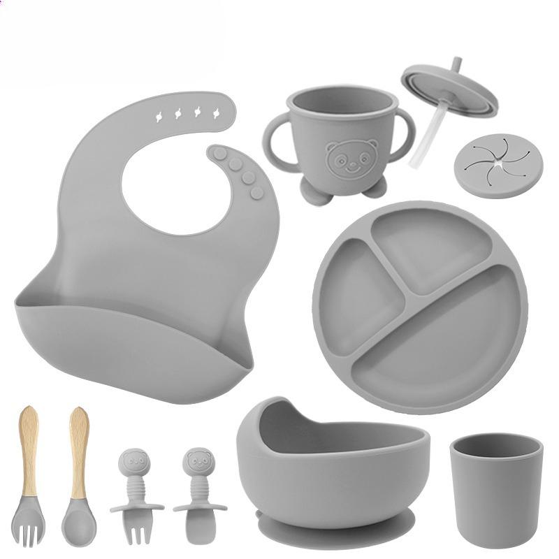 Children's silicone feeding tableware set, with suction cups on the bottom, 10 pieces