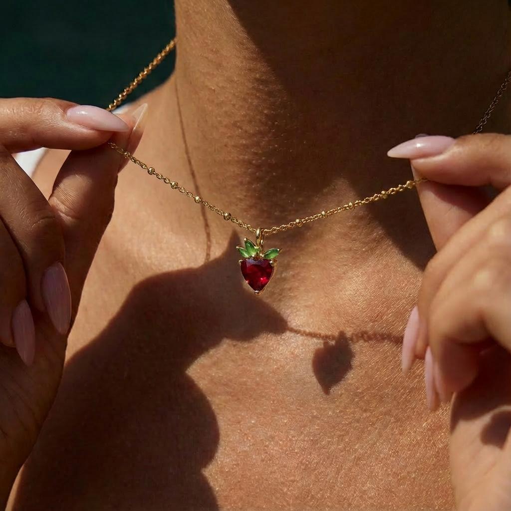 Cherry Necklace Fruit Zircon Peach Tropical Clavicle Chain Necklace Women