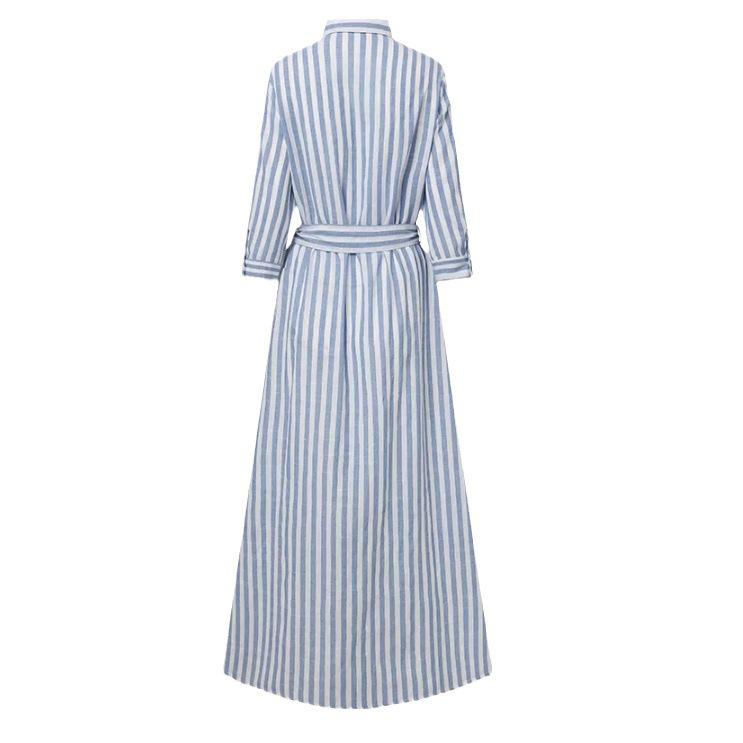 Women's High-End Striped Cotton Linen Cardigan Dress with Belt - Casual Seven-Sleeve Design