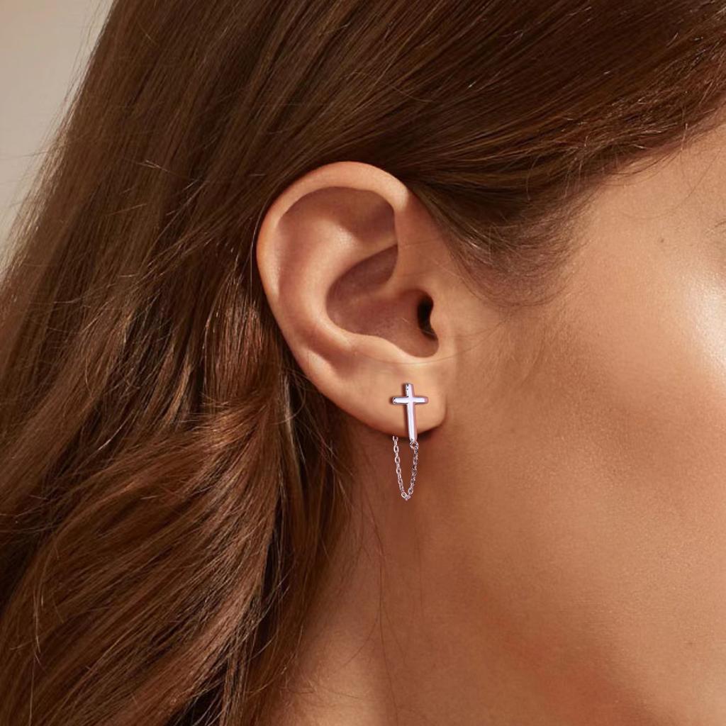 Fashion 925 Silver Plain Simple Cross Stud Earrings Jewelry 18K Gold Plated Tassel Chain Stud Earrings for Women