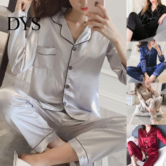 Female Nighty 2 Pcs/Set Pajamas Suit Imitation Silk Single-breasted Cardigan Oversized Turn-down Collar for Home