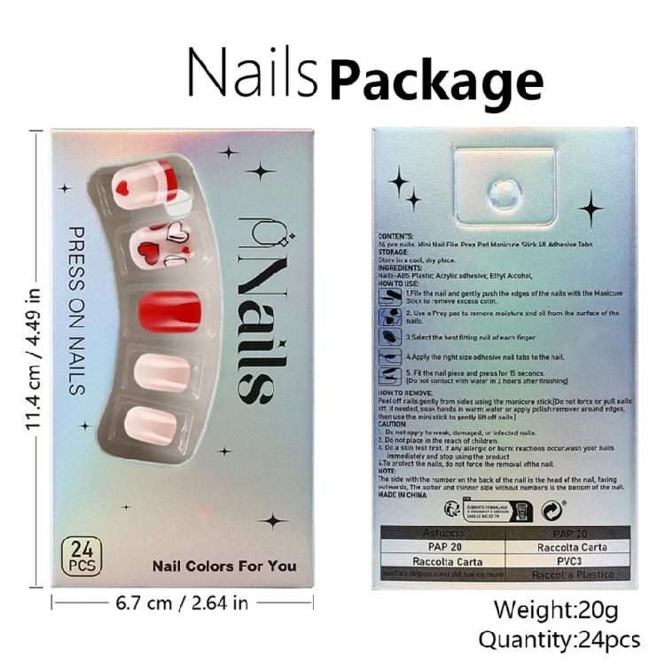 24pcs Valentines Nail Press On Nail French Tip Short Square Elegant Heart Designs Stick on Nail Manicure Nail Accesories