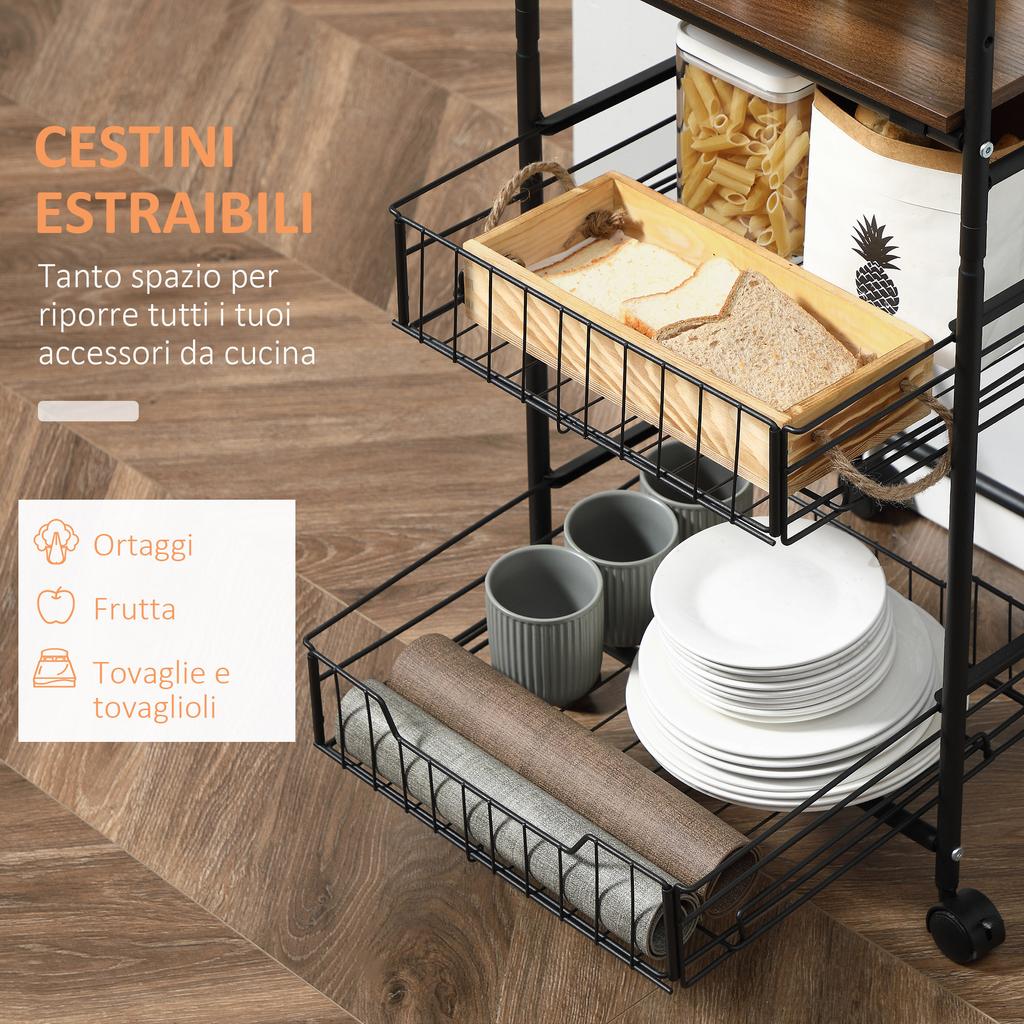 Kitchen Cart Industrial Style Food Carrier With 4 Wheels 2 Baskets And 4 Hooks 60x38x85.5cm Brown Black