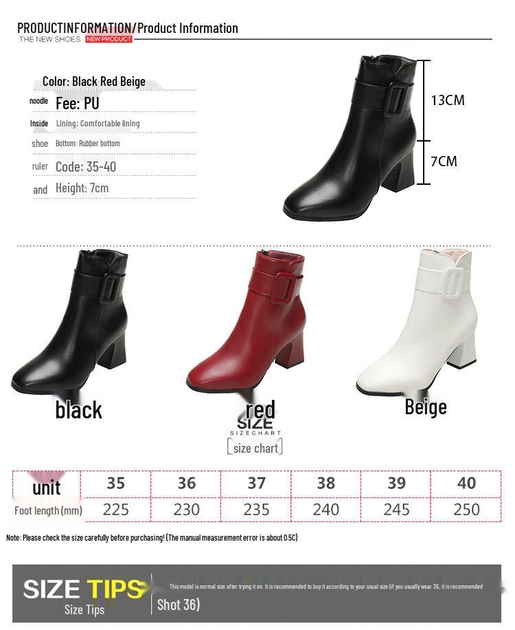 Damskie zimowe botki na klockowym obcasie ze skóry PU z bocznym zamkiem błyskawicznym, okrągłym noskiem i sztuczną pluszową podszewką