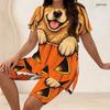 Women Plus Size Two Piece Set Crow Pumpkin Rose Print Round Neck Short Sleeve Split Top Knee Length Pants