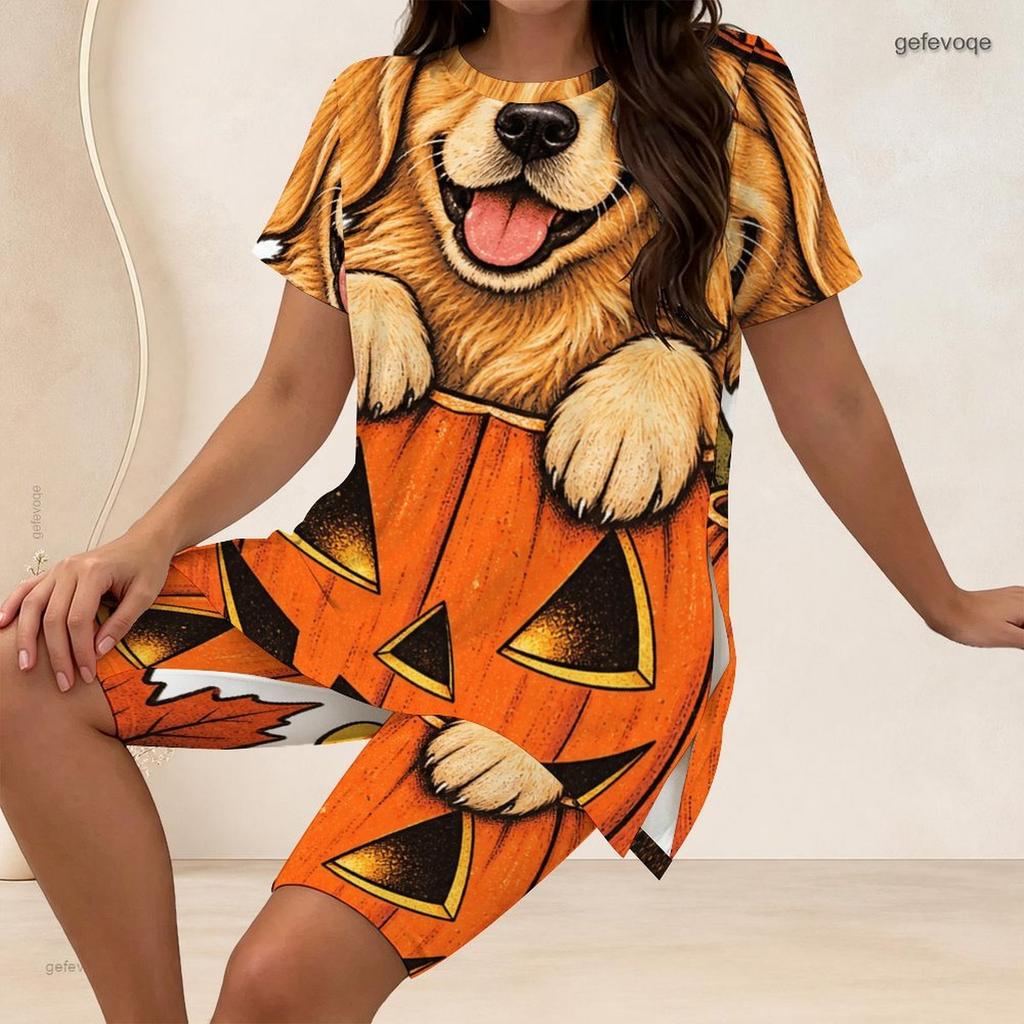 Women Plus Size Two Piece Set Crow Pumpkin Rose Print Round Neck Short Sleeve Split Top Knee Length Pants