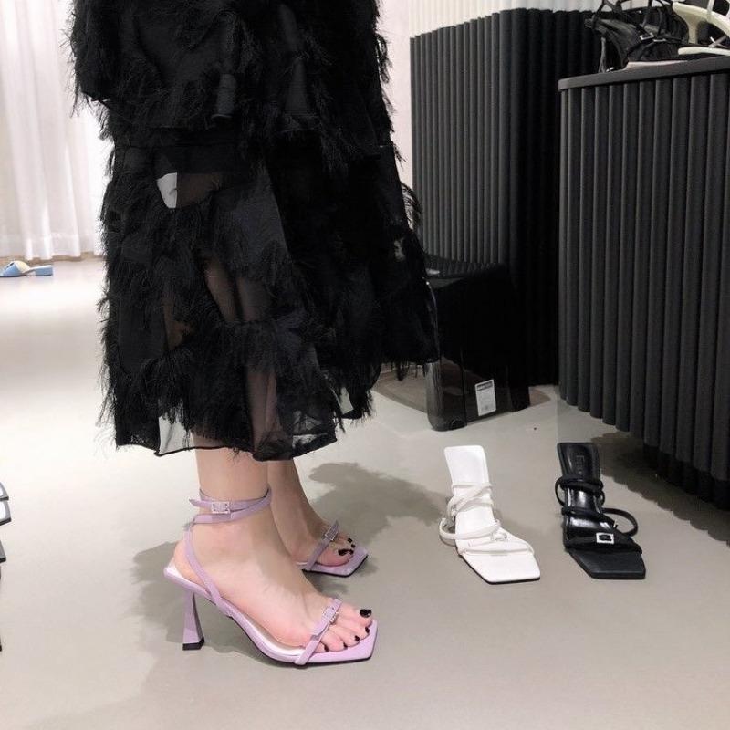 Spring Summer Sandals New Open-toed Thin High Heel Minority Slim Heels Slippers for Female Slip On Ankle Strap Sandalias Black