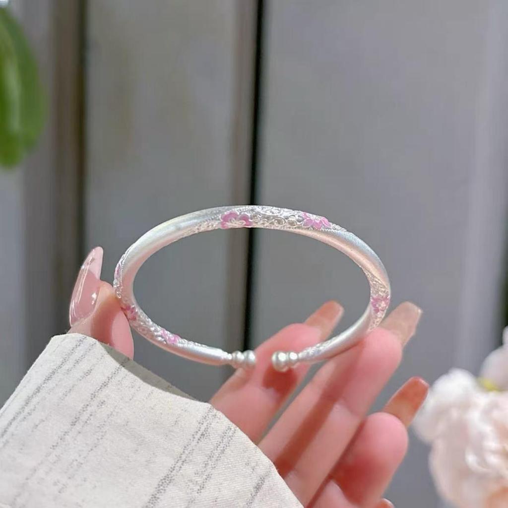 Sterling Silver 9999 Enamel Gourd Flower Twisted Bangle for Women - New Chinese National Style Bracelet