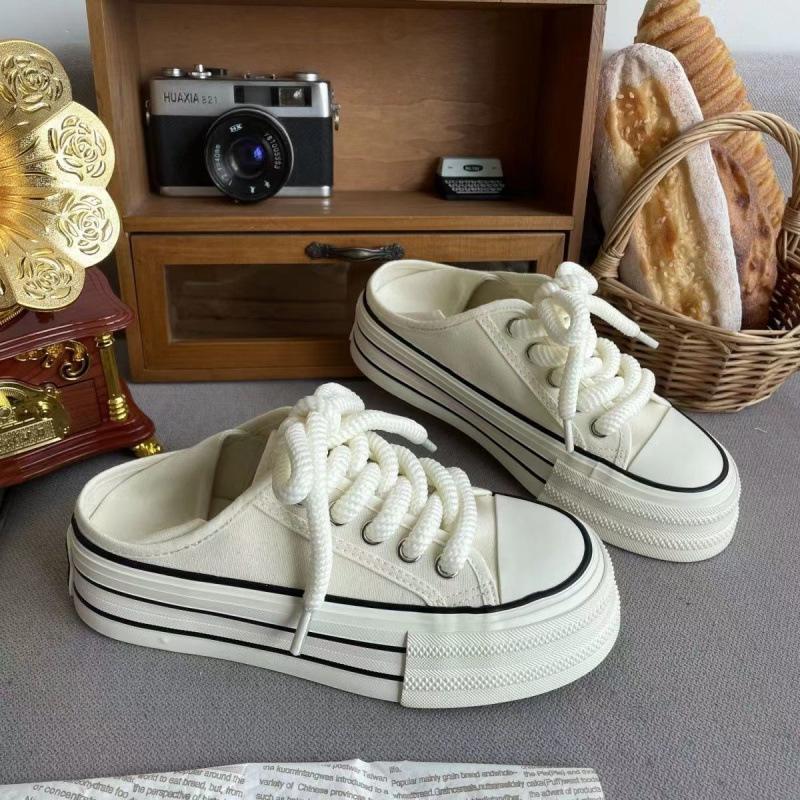 

Холщовые туфли на толстой подошве с завышенным каблуком, которые можно носить двумя способами, с наступанием на пятку, для женщин, лето 2025, новая нишевая универсальная ленивая обувь на одной педали, белые 35