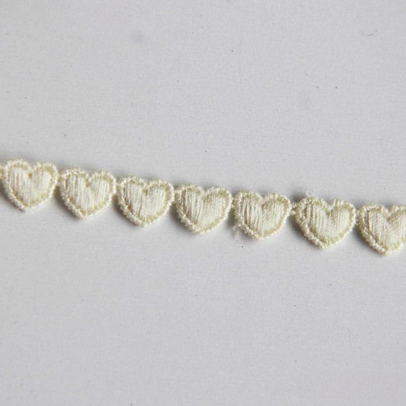 F22 Japanese Mercerized Cotton Embroidery Lace Trim with Small Heart Design, 0.8cm Width, for Skirt Hem Decoration and DIY Clothing.